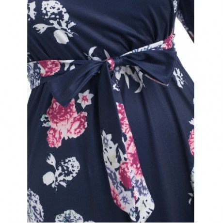 Plus Size Flower Print Floor Length Dress (CADETBLUE)