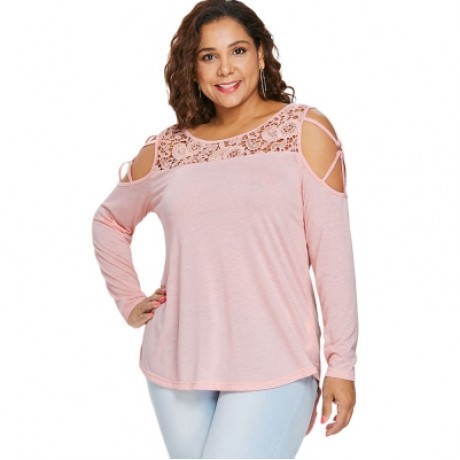 Plus Size Cutwork Lace Insert T-shirt (LIGHT PINK)