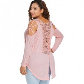 Plus Size Cutwork Lace Insert T-shirt (LIGHT PINK)