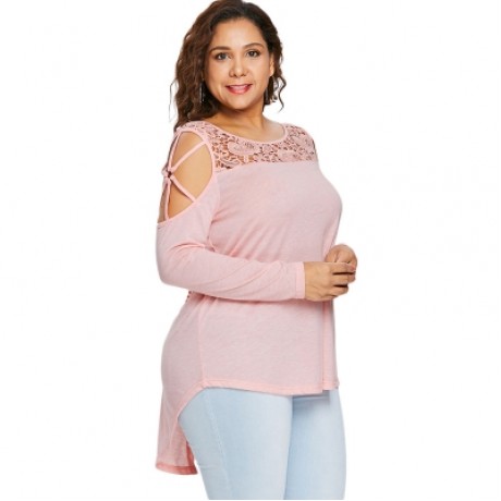 Plus Size Cutwork Lace Insert T-shirt (LIGHT PINK)