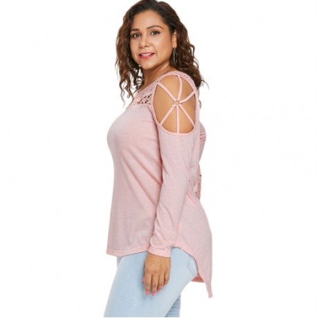 Plus Size Cutwork Lace Insert T-shirt (LIGHT PINK)
