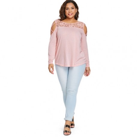 Plus Size Cutwork Lace Insert T-shirt (LIGHT PINK)