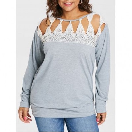 Plus Size Crochet Color Block Sweatshirt (GRAY CLOUD)