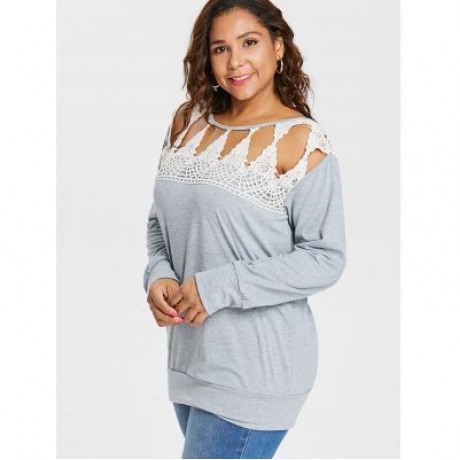 Plus Size Crochet Color Block Sweatshirt (GRAY CLOUD)