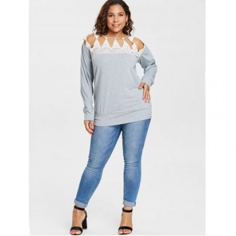 Plus Size Crochet Color Block Sweatshirt (GRAY CLOUD)
