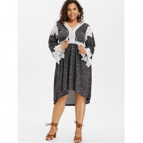 Plus Size Long Sleeve High Low Hem Dress (CARBON GRAY)