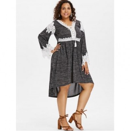 Plus Size Long Sleeve High Low Hem Dress (CARBON GRAY)
