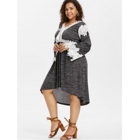 Plus Size Long Sleeve High Low Hem Dress (CARBON GRAY)