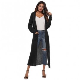 Collarless Long Sleeve Pocket Slit Open Front Knit Solid Color Women Cardigan (BLACK)