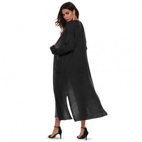 Collarless Long Sleeve Pocket Slit Open Front Knit Solid Color Women Cardigan (BLACK)
