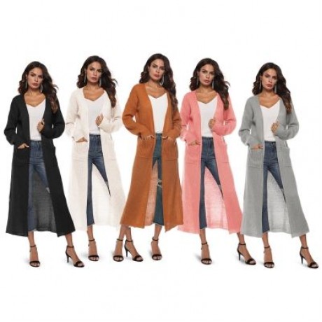 Collarless Long Sleeve Pocket Slit Open Front Knit Solid Color Women Cardigan (BLACK)