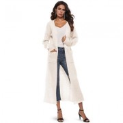 Collarless Long Sleeve Pocket Slit Open Front Knit Solid Color Women Cardigan (WHITE)