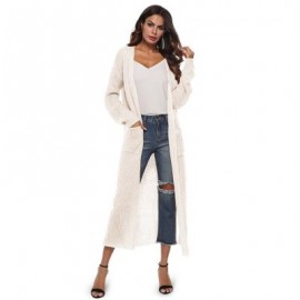 Collarless Long Sleeve Pocket Slit Open Front Knit Solid Color Women Cardigan (WHITE)