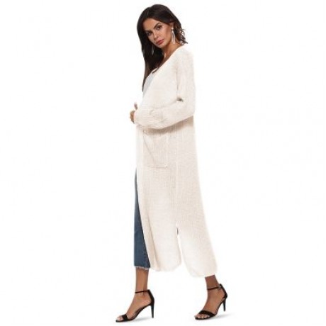 Collarless Long Sleeve Pocket Slit Open Front Knit Solid Color Women Cardigan (WHITE)