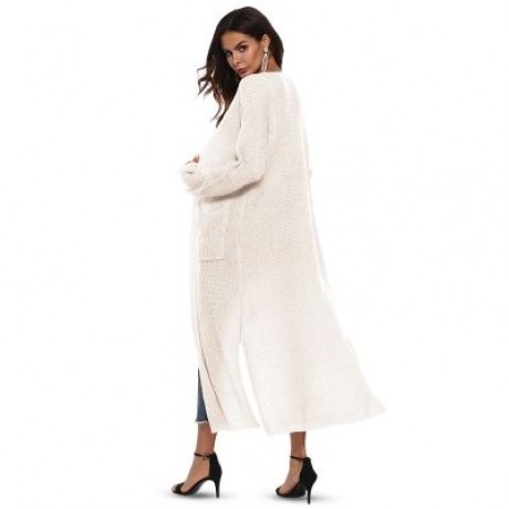 Collarless Long Sleeve Pocket Slit Open Front Knit Solid Color Women Cardigan (WHITE)