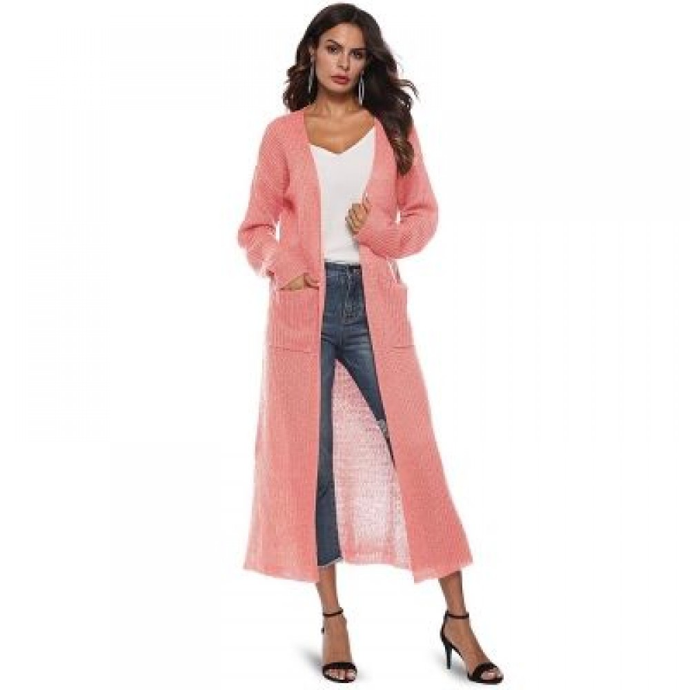Collarless Long Sleeve Pocket Slit Open Front Knit Solid Color Women Cardigan (MISTY ROSE) Collarless Long Sleeve Pocket Slit Open Front Knit Solid Color Women Cardigan (MISTY ROSE)