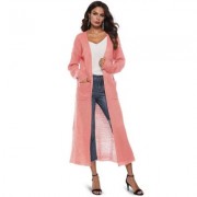 Collarless Long Sleeve Pocket Slit Open Front Knit Solid Color Women Cardigan (MISTY ROSE)