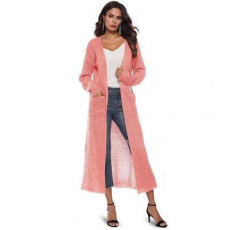 Collarless Long Sleeve Pocket Slit Open Front Knit Solid Color Women Cardigan (MISTY ROSE)