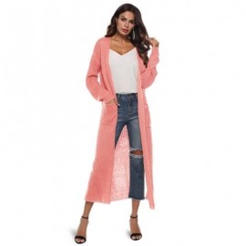 Collarless Long Sleeve Pocket Slit Open Front Knit Solid Color Women Cardigan (MISTY ROSE)