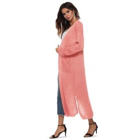 Collarless Long Sleeve Pocket Slit Open Front Knit Solid Color Women Cardigan (MISTY ROSE)