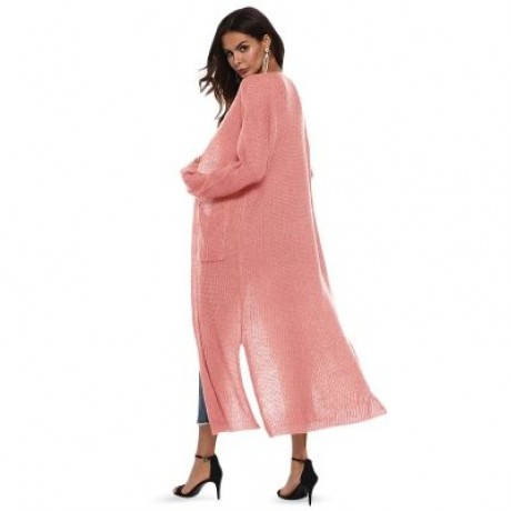 Collarless Long Sleeve Pocket Slit Open Front Knit Solid Color Women Cardigan (MISTY ROSE)
