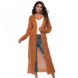 Collarless Long Sleeve Pocket Slit Open Front Knit Solid Color Women Cardigan (LIGHT BROWN