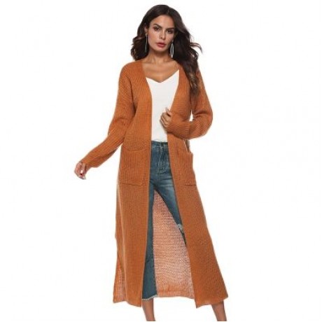 Collarless Long Sleeve Pocket Slit Open Front Knit Solid Color Women Cardigan (LIGHT BROWN
