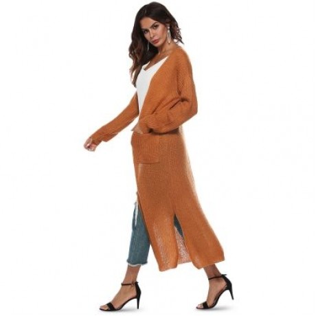 Collarless Long Sleeve Pocket Slit Open Front Knit Solid Color Women Cardigan (LIGHT BROWN