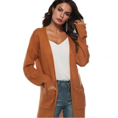 Collarless Long Sleeve Pocket Slit Open Front Knit Solid Color Women Cardigan (LIGHT BROWN
