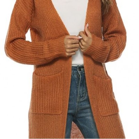 Collarless Long Sleeve Pocket Slit Open Front Knit Solid Color Women Cardigan (LIGHT BROWN