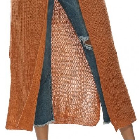 Collarless Long Sleeve Pocket Slit Open Front Knit Solid Color Women Cardigan (LIGHT BROWN