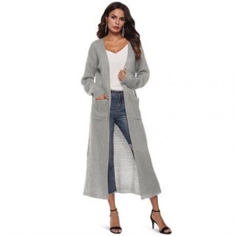 Collarless Long Sleeve Pocket Slit Open Front Knit Solid Color Women Cardigan (GRAY CLOUD)