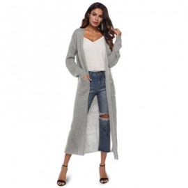 Collarless Long Sleeve Pocket Slit Open Front Knit Solid Color Women Cardigan (GRAY CLOUD)