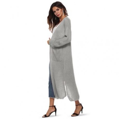 Collarless Long Sleeve Pocket Slit Open Front Knit Solid Color Women Cardigan (GRAY CLOUD)