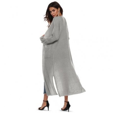 Collarless Long Sleeve Pocket Slit Open Front Knit Solid Color Women Cardigan (GRAY CLOUD)