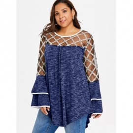 Plus Size Mesh Trim Long Sleeve T-shirt (EARTH BLUE)