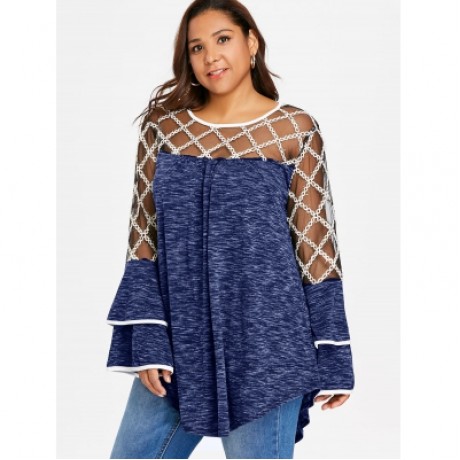 Plus Size Mesh Trim Long Sleeve T-shirt (EARTH BLUE)