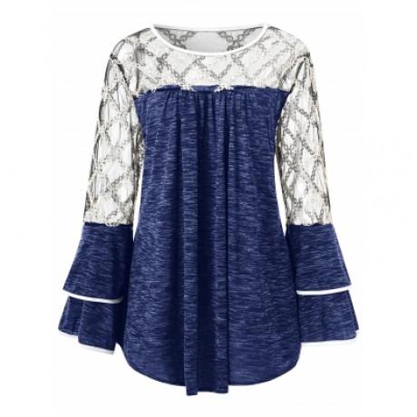 Plus Size Mesh Trim Long Sleeve T-shirt (EARTH BLUE)