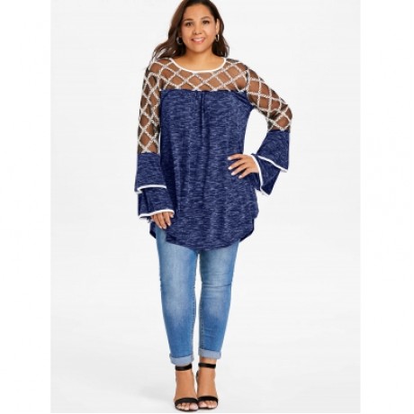 Plus Size Mesh Trim Long Sleeve T-shirt (EARTH BLUE)