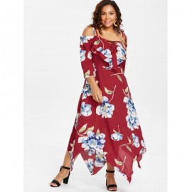 Cold Shoulder Plus Size Floral Maxi Handkerchief Dress (RED)