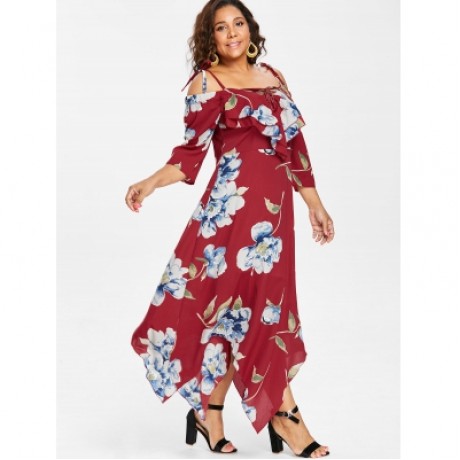Cold Shoulder Plus Size Floral Maxi Handkerchief Dress (RED)