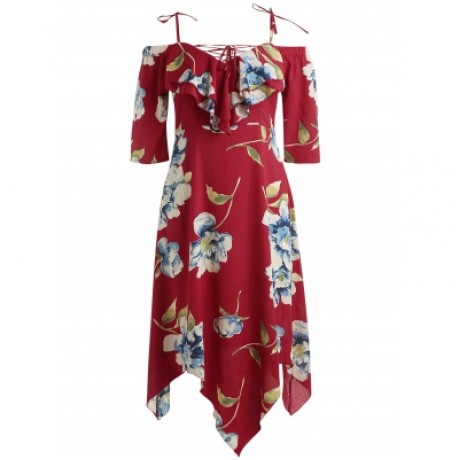 Cold Shoulder Plus Size Floral Maxi Handkerchief Dress (RED)
