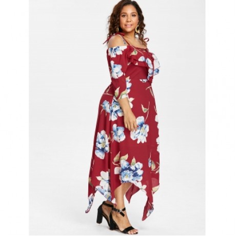 Cold Shoulder Plus Size Floral Maxi Handkerchief Dress (RED)