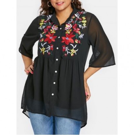 Plus Size Button Up Embroidery Blouse (BLACK)