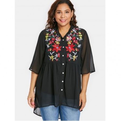Plus Size Button Up Embroidery Blouse (BLACK)