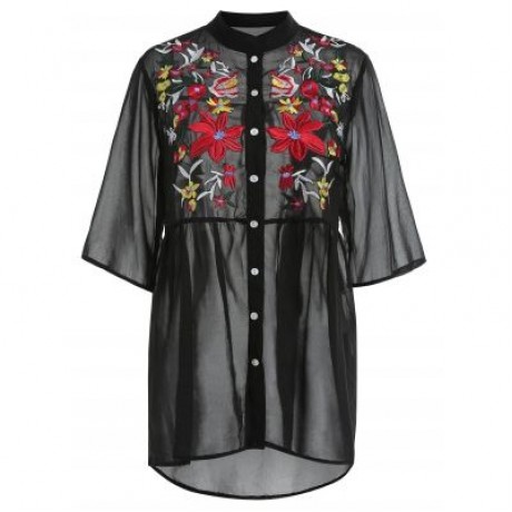 Plus Size Button Up Embroidery Blouse (BLACK)