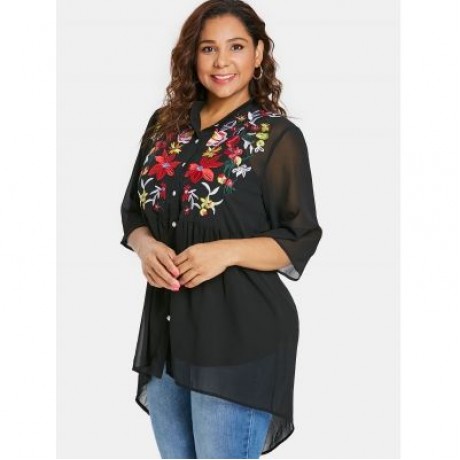 Plus Size Button Up Embroidery Blouse (BLACK)
