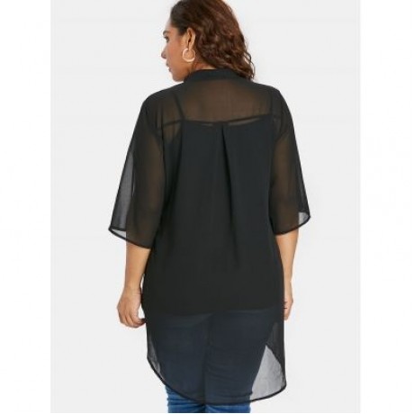 Plus Size Button Up Embroidery Blouse (BLACK)