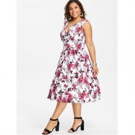Plus Size Print Vintage Surplice Dress (DEEP PINK)