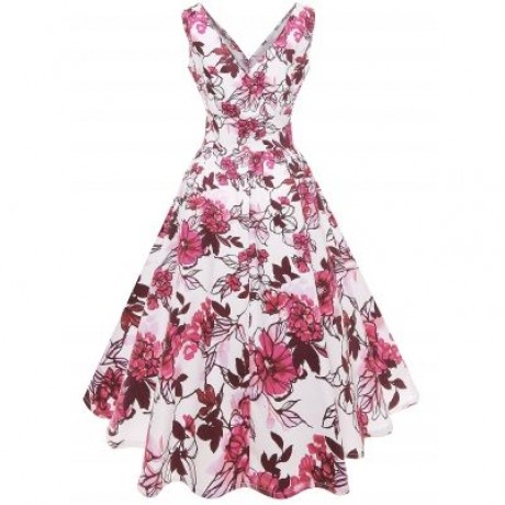 Plus Size Print Vintage Surplice Dress (DEEP PINK)